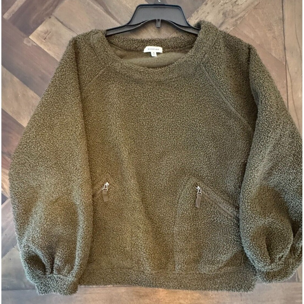 Max Studio Fluffy Fleece Dark Olive Green Balloon Sleeve Sweatshirt Women M
